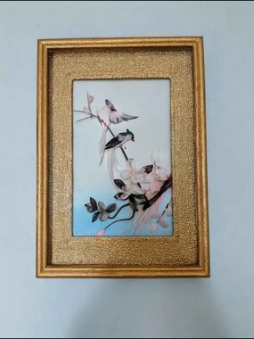 Vintage Blue Birds Real Feathers 3 D Shadow Box!
